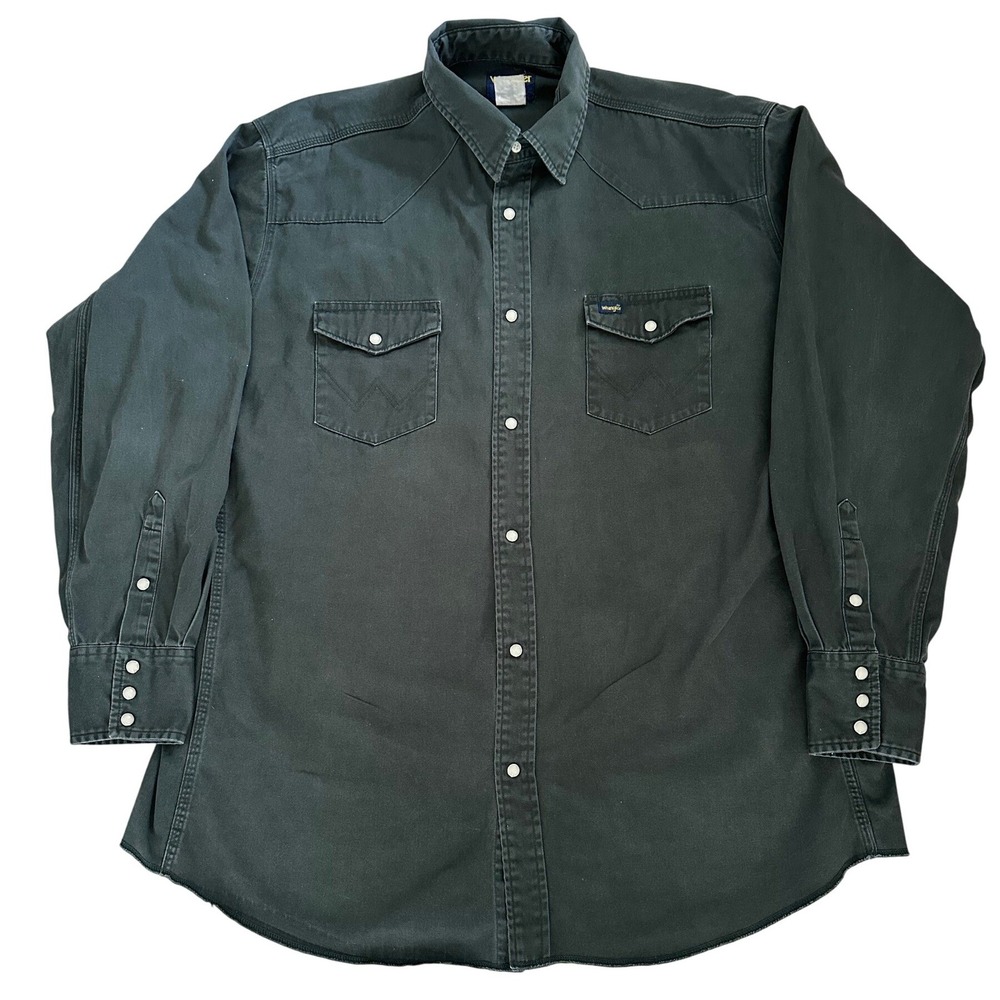 VTG Wrangler Mens Western Snap Shirt Forest Green Long Sleeve Cotton Twill Large